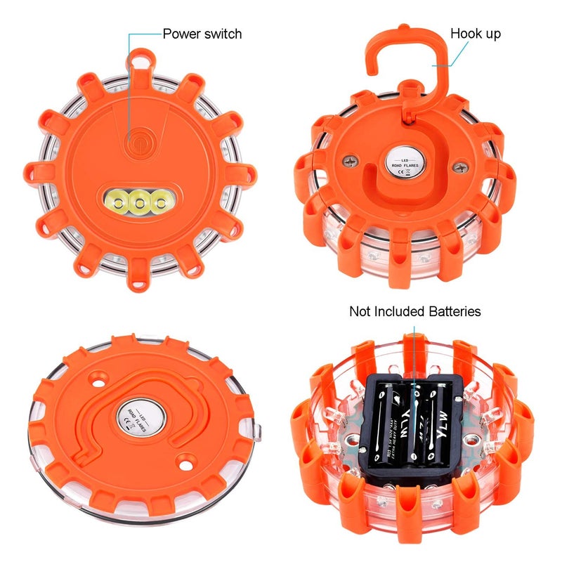 AK [8 Pack LED Road Flares Safety Flashing Warning Light Roadside Emergency Disc Beacon Kit for Vehicles Boats with Magnetic Base & Hook, Premium Storage Bag (Batteries Not Included) (8) - Image 5